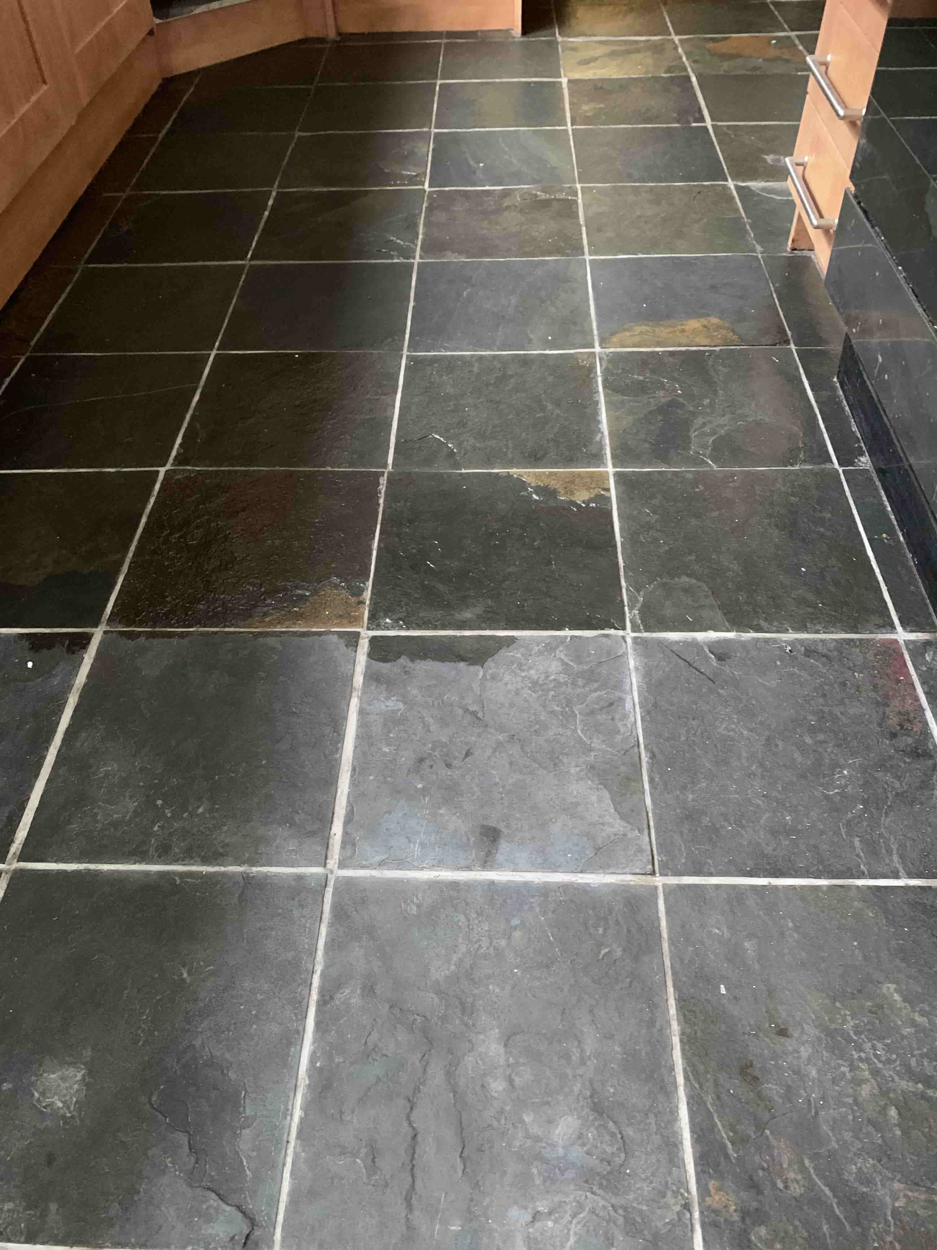 Grey Slate Kitchen Floor During Cleaning Rochester