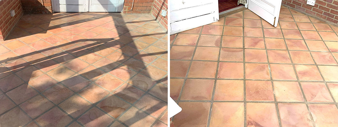 Water Stained Terracotta Tiled Conservatory Floor Renovated in Staplehurst